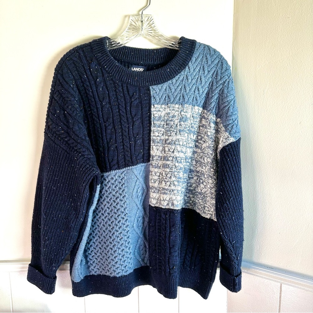 LANDS' END Women's M 10-12 Cable‎Knit Wool Sweater Fisherman Crewneck Patchwork